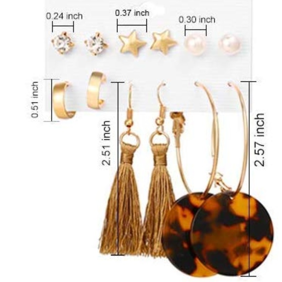 6 Pairs Tassel Stud Hoop Earrings Gold Tone - Picture 2 of 3